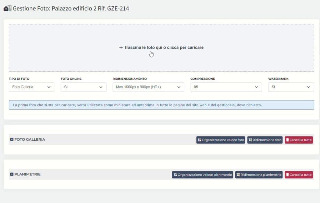 Schermata iniziale per il caricamento multiplo delle foto tramite drag & drop