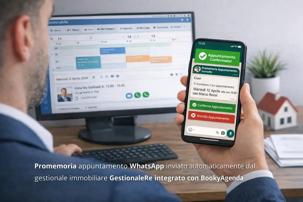 Promemoria appuntamento WhatsApp inviato automaticamente dal gestionale immobiliare GestionaleRe integrato con BookyAgenda