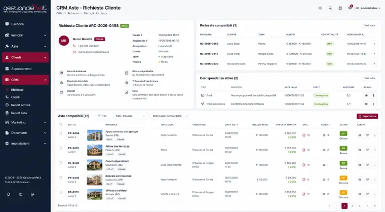 CRM aste immobiliari con clienti interessati e richieste compatibili