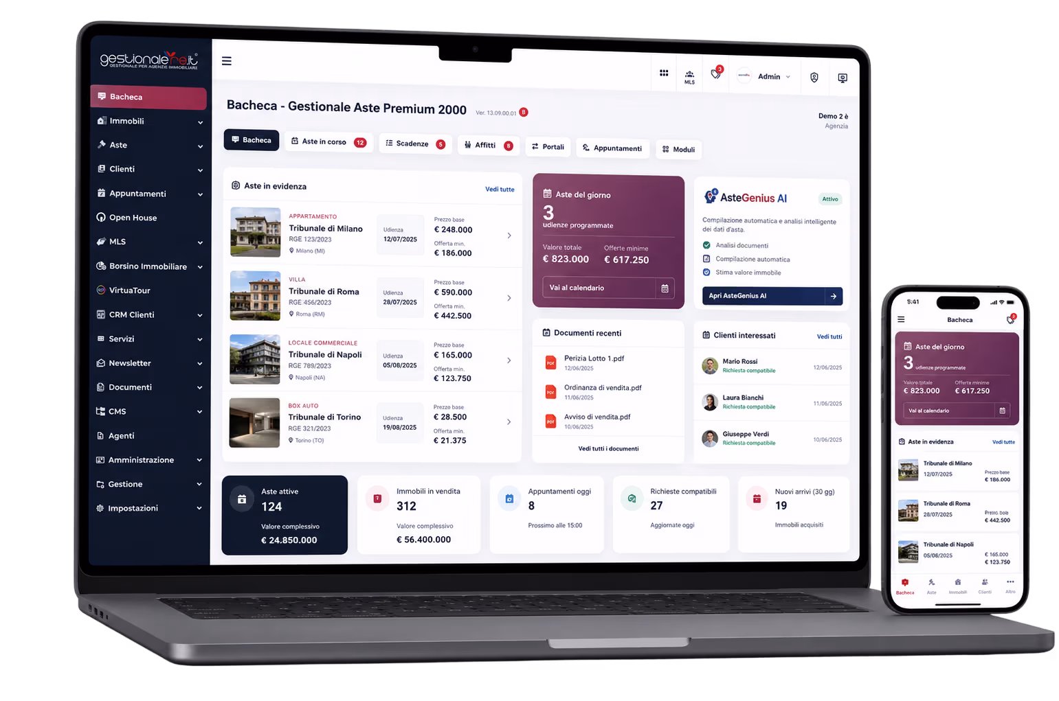 Dashboard del gestionale aste immobiliari in cloud GestionaleRe.it con consultazione aste, lotti e AsteGenius AI