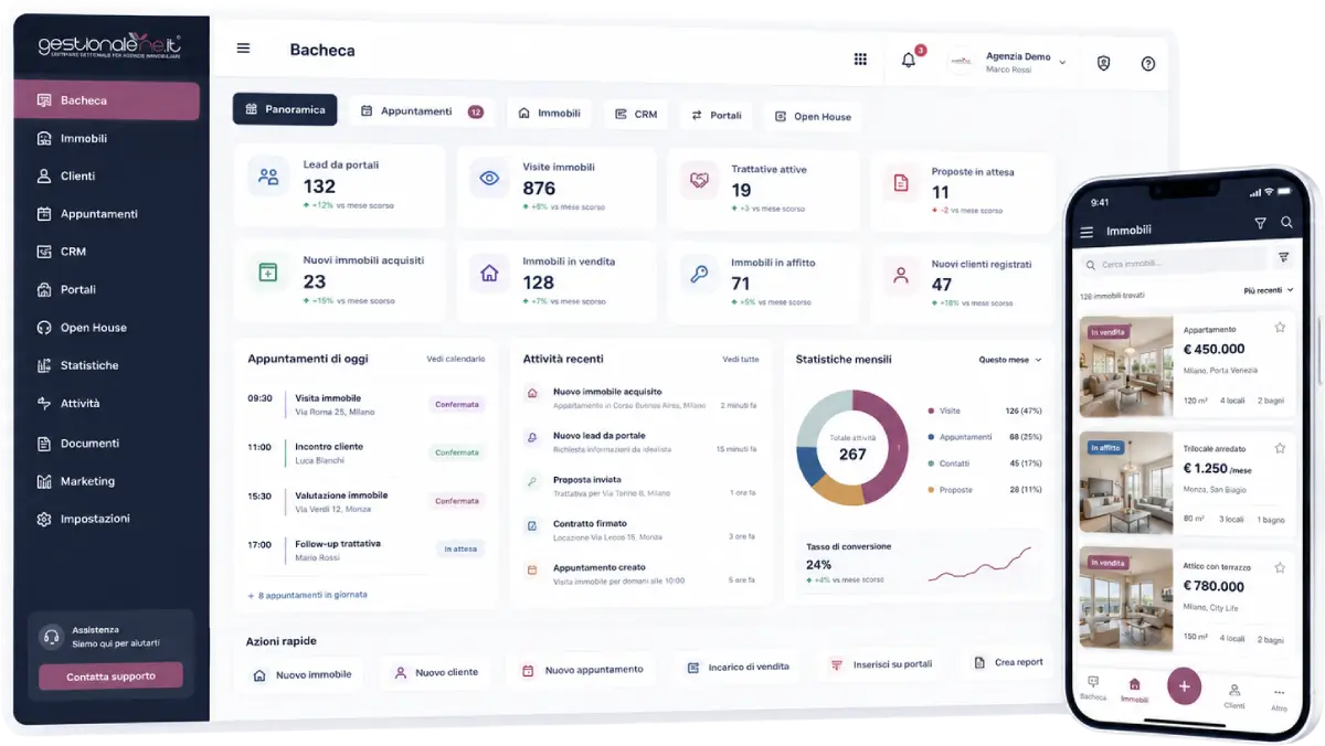 Dashboard del gestionale immobiliare in cloud GestionaleRe.it con versione mobile