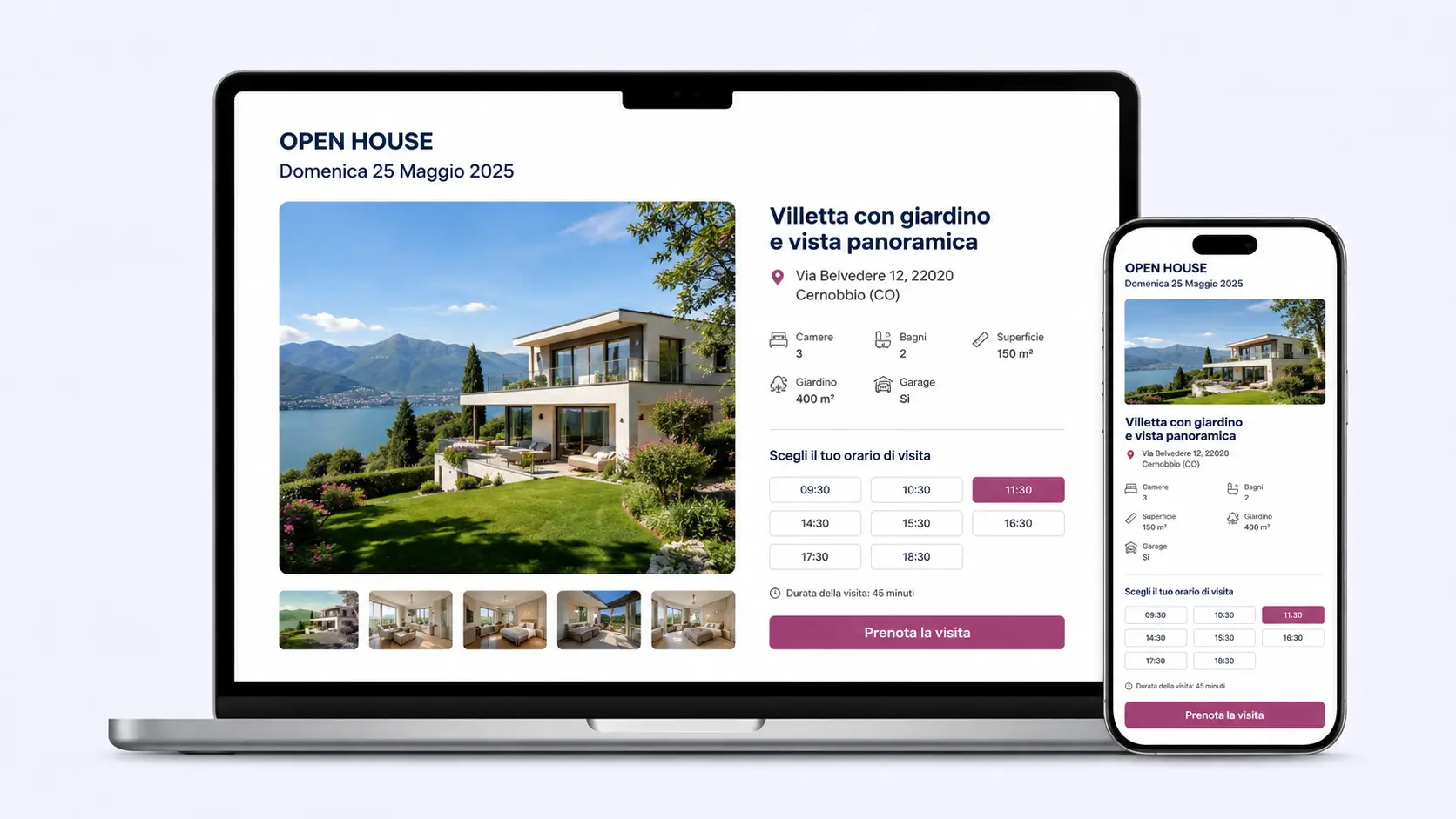 Esempio di pagina pubblica Open House immobiliare con dati immobile e slot di prenotazione