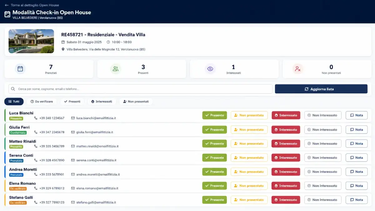 Schermata gestionale per il check-in e la gestione delle prenotazioni Open House